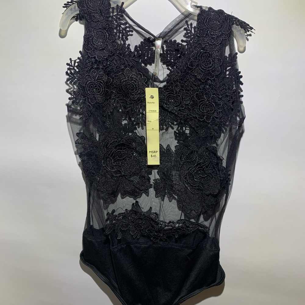 Black 3D flower body suit blusa negra de flores 3D